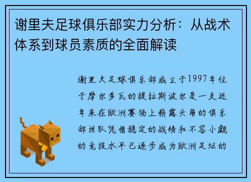 谢里夫足球俱乐部实力分析:从战术体系到球员素质的全面解读 谢里夫足球俱乐部实力分析:从战术体系到球员素质的全面解读